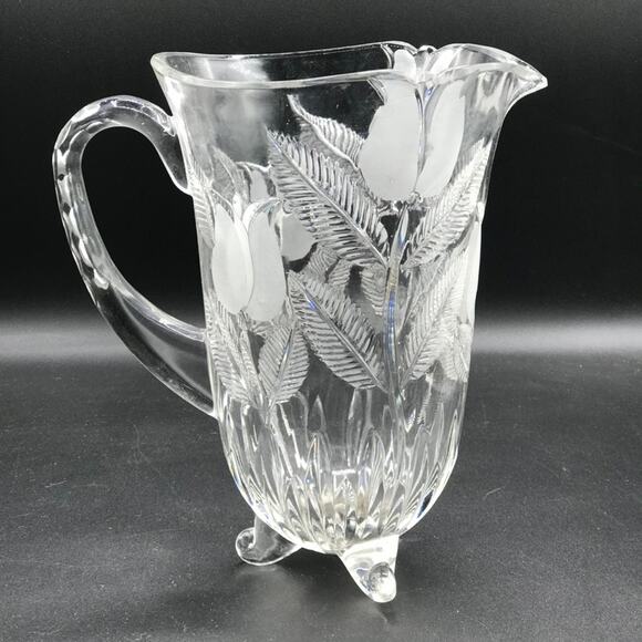 Vintage Fifth Avenue Crystal Frosted Etched Tulip Glass Pitcher Made in Poland - Picture 1 of 9